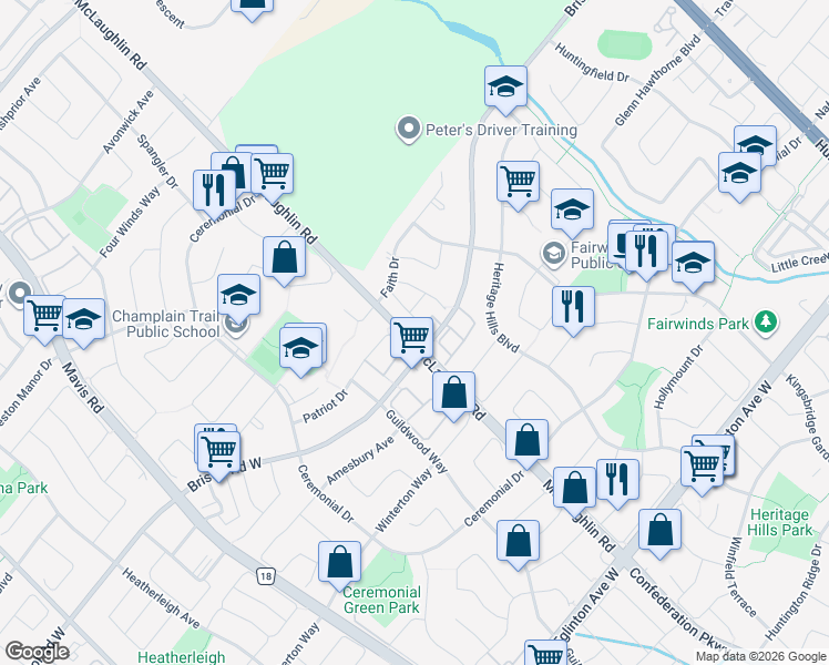 map of restaurants, bars, coffee shops, grocery stores, and more near in Mississauga