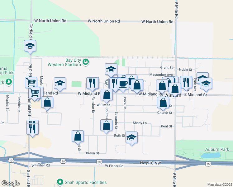 map of restaurants, bars, coffee shops, grocery stores, and more near 500 West Midland Road in Auburn