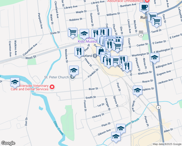 map of restaurants, bars, coffee shops, grocery stores, and more near 95 Franklin Street in Rutland