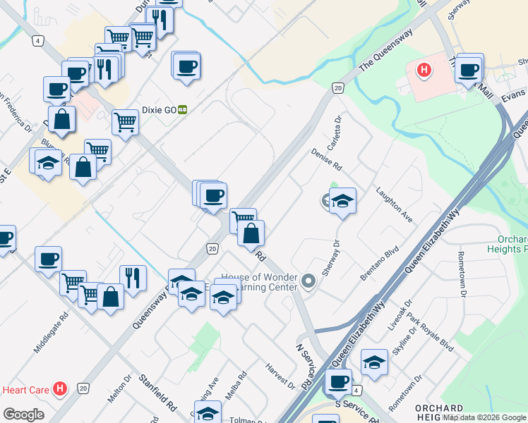 map of restaurants, bars, coffee shops, grocery stores, and more near 2362 Denise Road in Mississauga