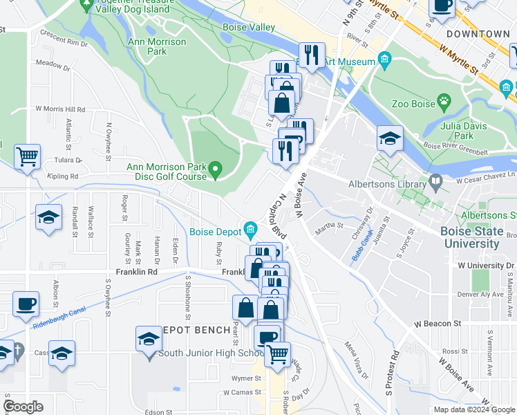 map of restaurants, bars, coffee shops, grocery stores, and more near 1570 South Lusk Avenue in Boise