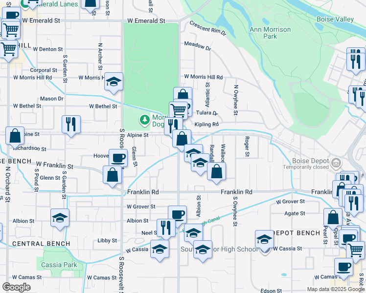 map of restaurants, bars, coffee shops, grocery stores, and more near 39 Leona Circle in Boise