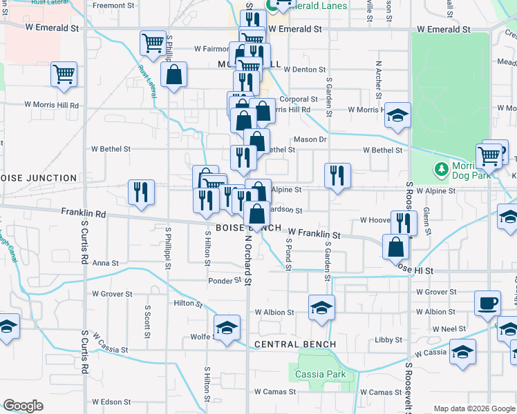 map of restaurants, bars, coffee shops, grocery stores, and more near 4840 Richardson Street in Boise