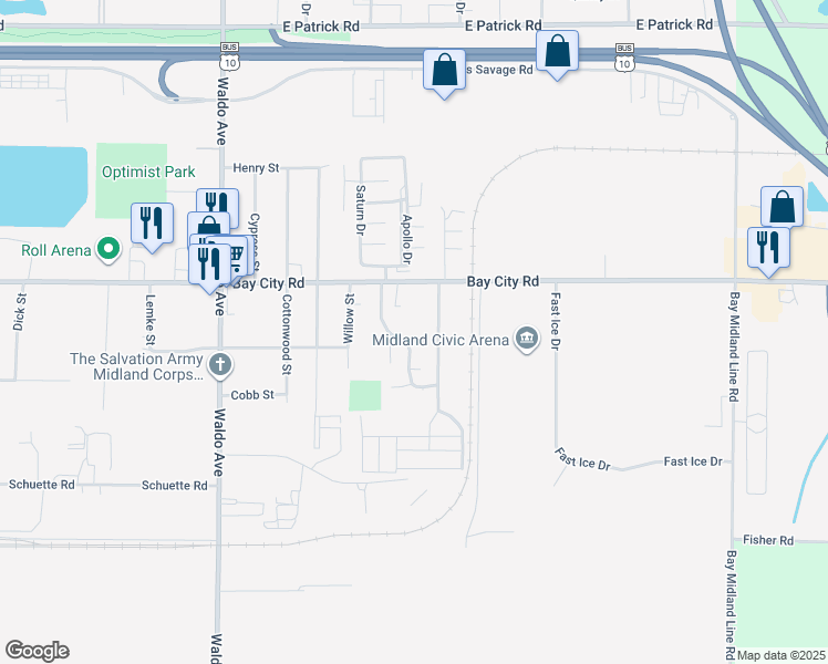 map of restaurants, bars, coffee shops, grocery stores, and more near 454 Hawthorne Hollow in Midland