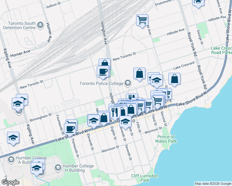 map of restaurants, bars, coffee shops, grocery stores, and more near 25 Sixth Street in Toronto