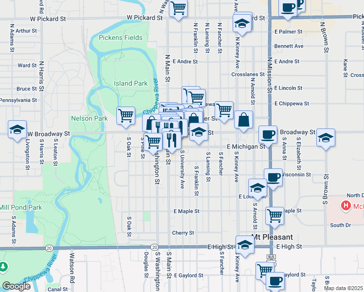 map of restaurants, bars, coffee shops, grocery stores, and more near 120 S University Ave in Mt Pleasant
