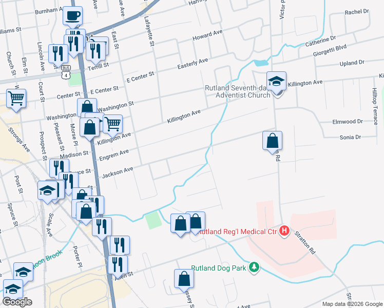 map of restaurants, bars, coffee shops, grocery stores, and more near 86 Jackson Ave in Rutland