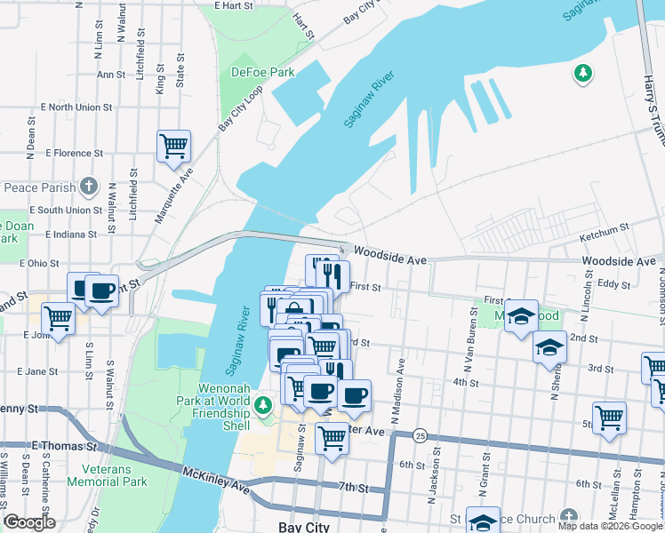 map of restaurants, bars, coffee shops, grocery stores, and more near 1305 Washington Avenue in Bay City