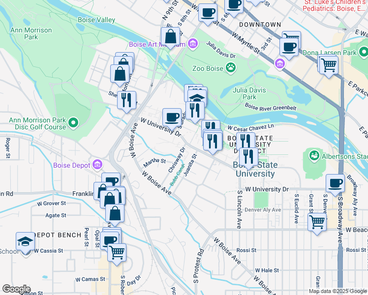 map of restaurants, bars, coffee shops, grocery stores, and more near 1301 Juanita Street in Boise