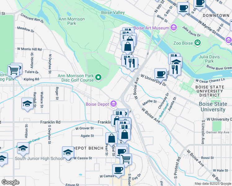 map of restaurants, bars, coffee shops, grocery stores, and more near 1570 South Lusk Avenue in Boise