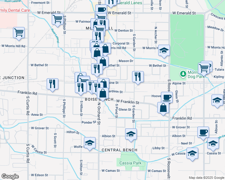 map of restaurants, bars, coffee shops, grocery stores, and more near 4720 Richardson Street in Boise