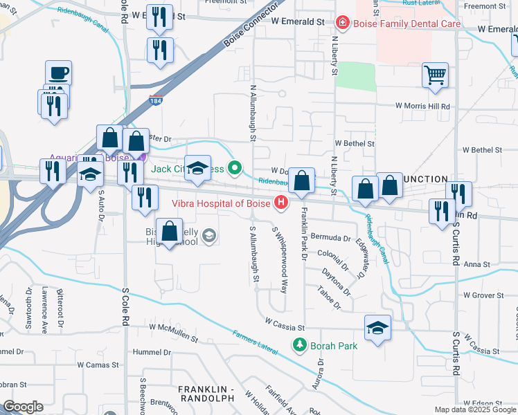 map of restaurants, bars, coffee shops, grocery stores, and more near 101 South Allumbaugh Street in Boise