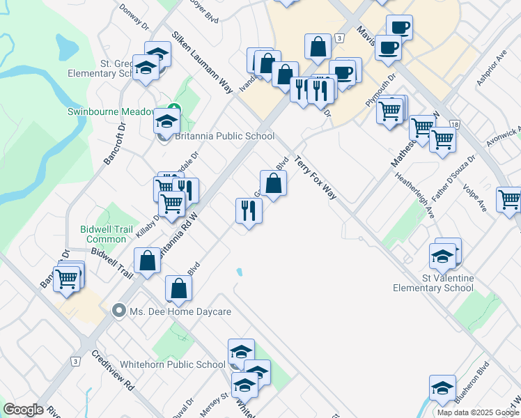 map of restaurants, bars, coffee shops, grocery stores, and more near 215 Windbrook Grove in Mississauga