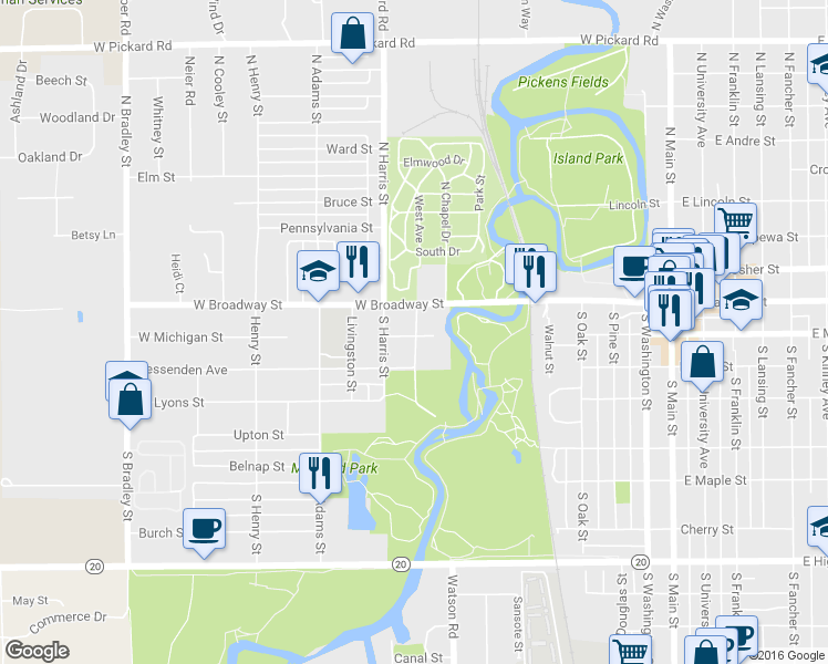 map of restaurants, bars, coffee shops, grocery stores, and more near 902 West Michigan Street in Mount Pleasant