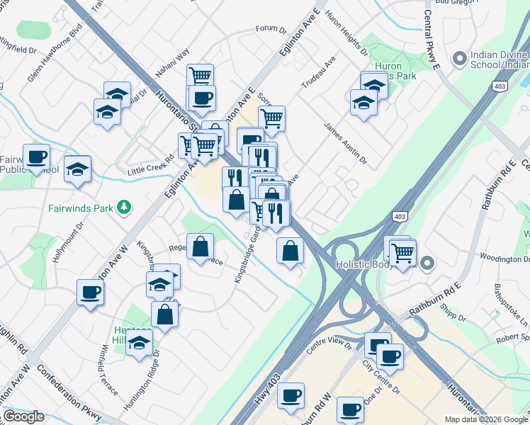 map of restaurants, bars, coffee shops, grocery stores, and more near 10 Kingsbridge Garden Circle in Mississauga