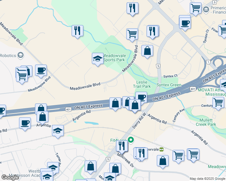 map of restaurants, bars, coffee shops, grocery stores, and more near 2300 Meadowvale Boulevard in Mississauga