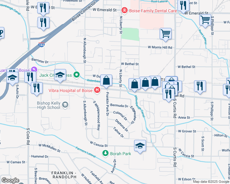 map of restaurants, bars, coffee shops, grocery stores, and more near 6415 West Franklin Street in Boise