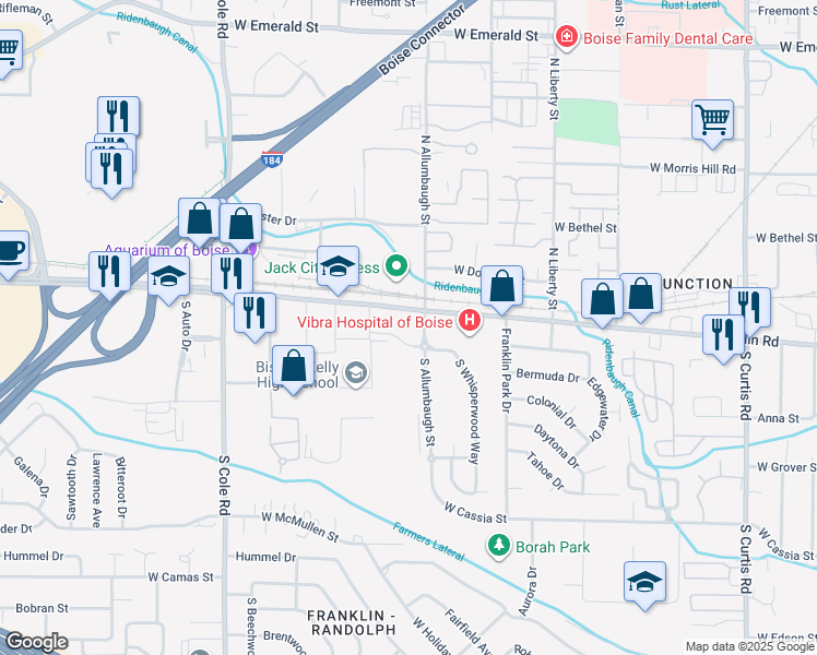 map of restaurants, bars, coffee shops, grocery stores, and more near 101 South Allumbaugh Street in Boise