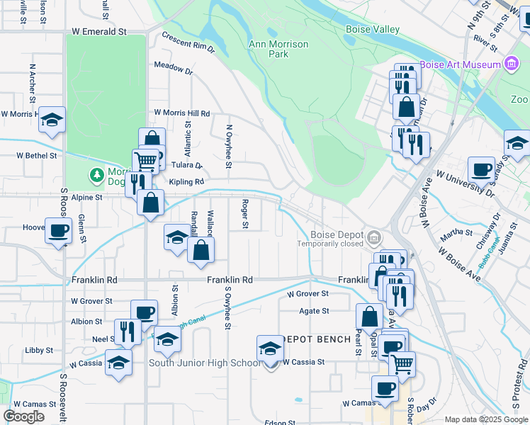 map of restaurants, bars, coffee shops, grocery stores, and more near 20 Roger Street in Boise