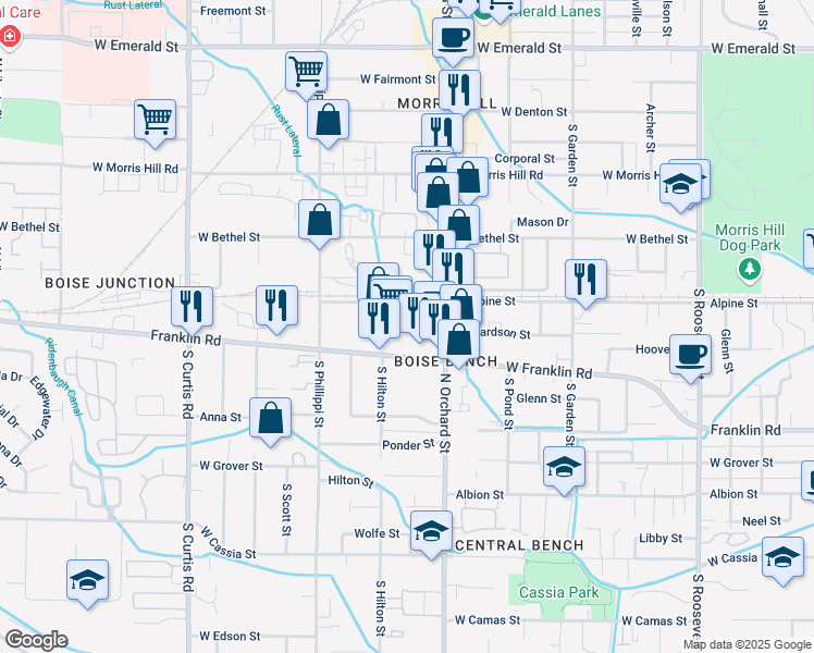 map of restaurants, bars, coffee shops, grocery stores, and more near 5230 West Franklin Street in Boise