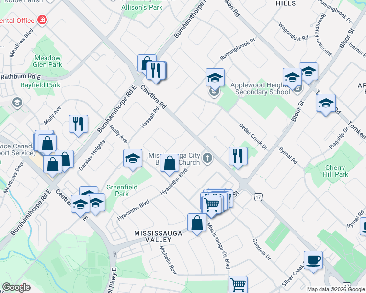 map of restaurants, bars, coffee shops, grocery stores, and more near 624 Eversley Drive in Mississauga