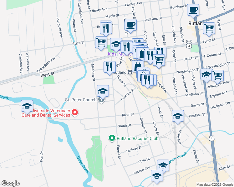 map of restaurants, bars, coffee shops, grocery stores, and more near 60 Forest Street in Rutland