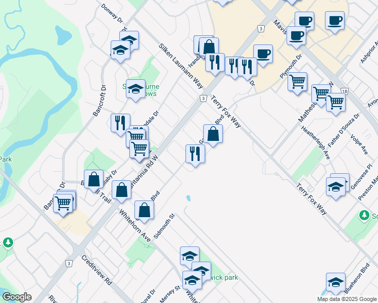 map of restaurants, bars, coffee shops, grocery stores, and more near 5883 Stonebriar Crescent in Mississauga