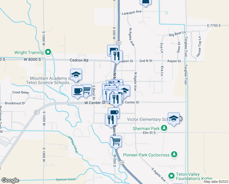 map of restaurants, bars, coffee shops, grocery stores, and more near 40 Depot Way in Victor