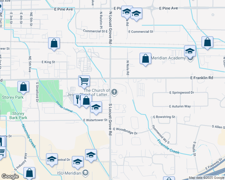 map of restaurants, bars, coffee shops, grocery stores, and more near 104 South Locust Grove Road in Meridian