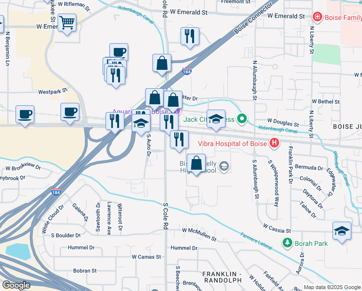 map of restaurants, bars, coffee shops, grocery stores, and more near 92 South Cole Road in Boise