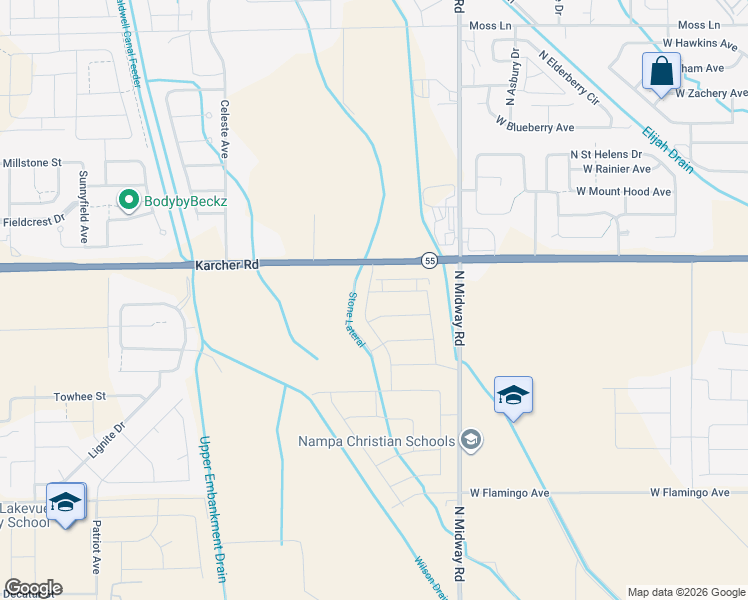 map of restaurants, bars, coffee shops, grocery stores, and more near 12253 West Karcher Road in Nampa