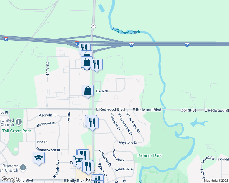 map of restaurants, bars, coffee shops, grocery stores, and more near 1405 Birch St in Brandon