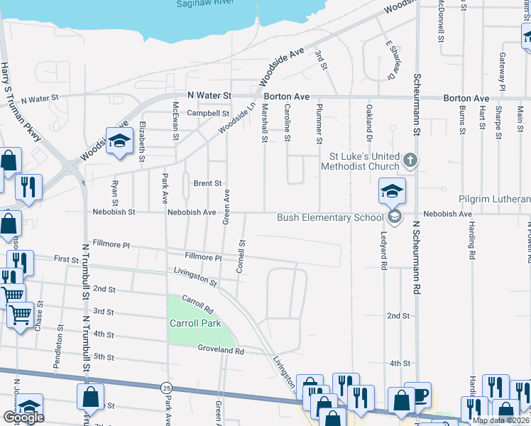 map of restaurants, bars, coffee shops, grocery stores, and more near 206 Nebobish Avenue in Essexville