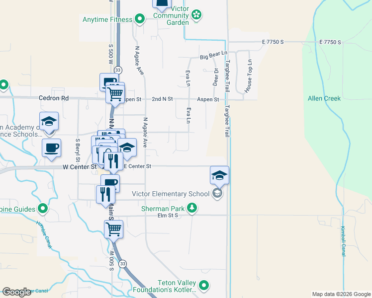 map of restaurants, bars, coffee shops, grocery stores, and more near 61 Eva Lane in Victor