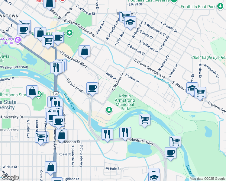 map of restaurants, bars, coffee shops, grocery stores, and more near 500 South Walnut Street in Boise