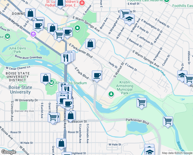 map of restaurants, bars, coffee shops, grocery stores, and more near 989 East Front Street in Boise