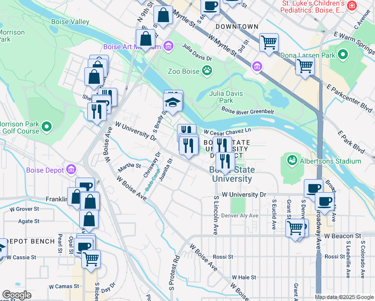 map of restaurants, bars, coffee shops, grocery stores, and more near 1910 West University Drive in Boise