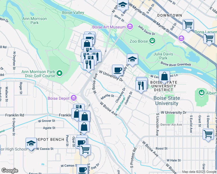map of restaurants, bars, coffee shops, grocery stores, and more near 1301 Chrisway Drive in Boise