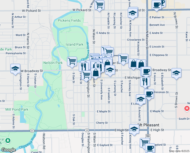 map of restaurants, bars, coffee shops, grocery stores, and more near 108 West Michigan Street in Mount Pleasant