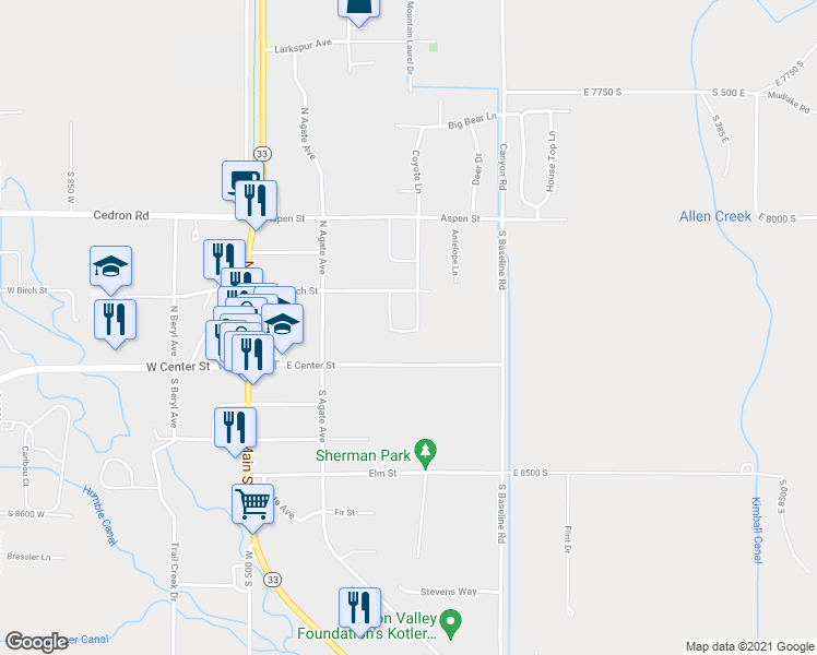 map of restaurants, bars, coffee shops, grocery stores, and more near 61 Eva Lane in Victor