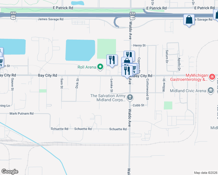 map of restaurants, bars, coffee shops, grocery stores, and more near 409 Lemke Street in Midland