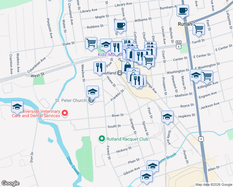 map of restaurants, bars, coffee shops, grocery stores, and more near 95 Franklin Street in Rutland