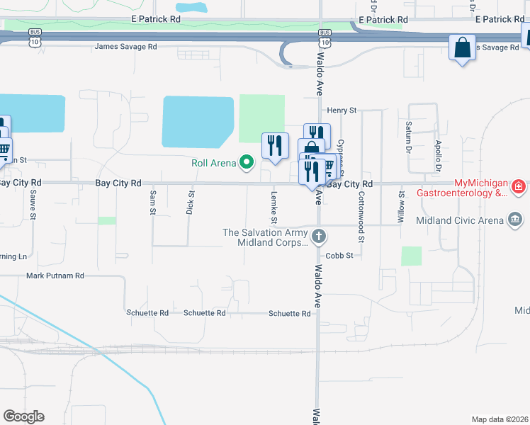 map of restaurants, bars, coffee shops, grocery stores, and more near 409 Lemke Street in Midland