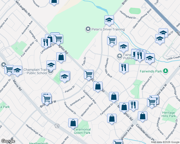 map of restaurants, bars, coffee shops, grocery stores, and more near 485 Bristol Road West in Mississauga