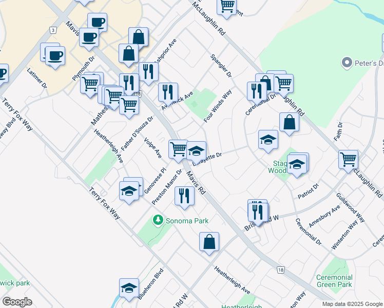 map of restaurants, bars, coffee shops, grocery stores, and more near 773 Four Winds Way in Mississauga