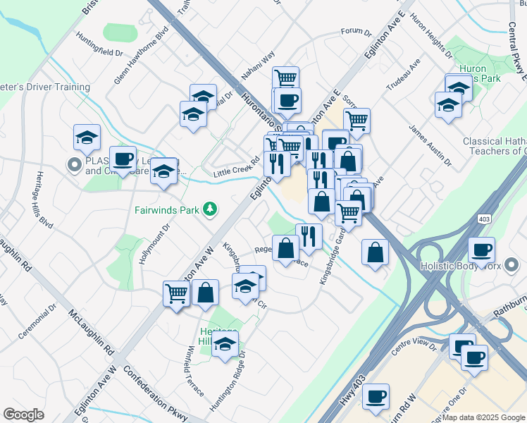 map of restaurants, bars, coffee shops, grocery stores, and more near 4635 Regents Terrace in Mississauga