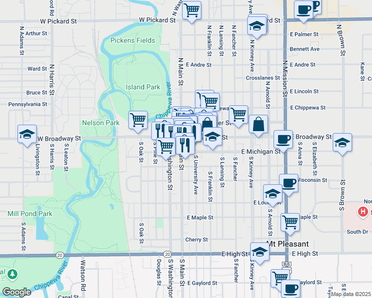 map of restaurants, bars, coffee shops, grocery stores, and more near 108 West Michigan Street in Mount Pleasant