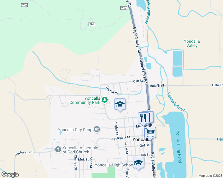 map of restaurants, bars, coffee shops, grocery stores, and more near 504 East Locust Court in Yoncalla