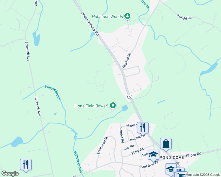 map of restaurants, bars, coffee shops, grocery stores, and more near 36 Oakwood Drive in South Portland