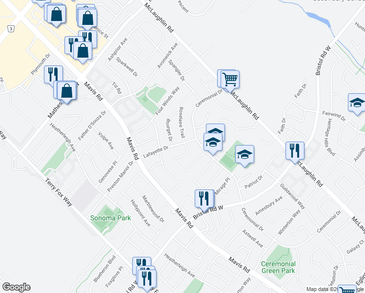 map of restaurants, bars, coffee shops, grocery stores, and more near 846 Savoy Crescent in Mississauga